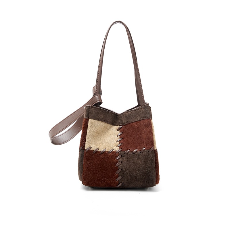 Bucket Bag Suede - Vintage Patchwork Genuine Suede Leather Women